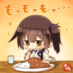 Rule 34 | 1girl, artist name, blush, brown eyes, brown hair, chibi, closed mouth, cup, curry, curry rice, drinking glass, eating, food, food on face, hair between eyes, highres, holding, holding spoon, japanese clothes, kaga (kancolle), kantai collection, plate, rice, short hair, side ponytail, solo, sparkle, spoon, table, taisa (kari), tasuki, utensil in mouth, water
