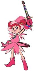 Rule 34 | 1girl, boots, brooch, dress, earrings, full body, harukaze doremi, hat, jewelry, magical girl, ojamajo doremi, open mouth, pink eyes, pink hair, simple background, solo, wand, watatanza, white background, witch hat
