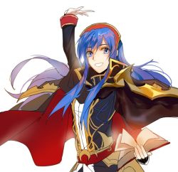 Rule 34 | 1girl, arvis (fire emblem), blue eyes, blue hair, blush, cape, cosplay, fire emblem, fire emblem: genealogy of the holy war, fire emblem: the binding blade, fire emblem heroes, hat, jewelry, lilina (fire emblem), long hair, looking at viewer, nintendo, novice (o novice), red eyes, red hair, simple background, smile, solo