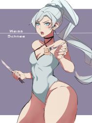Rule 34 | 1girl, absurdres, blue eyes, breasts, cake, character name, cleavage, earrings, food, fork, highres, jewelry, kitchen knife, knife, krius-ol, leotard, long hair, looking at viewer, open mouth, ponytail, rwby, scar, scar across eye, scar on face, simple background, small breasts, solo, thick thighs, thighs, weiss schnee, white hair, wide hips