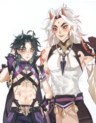 Rule 34 | 2boys, abs, ahoge, arataki itto, arm up, bare shoulders, bead necklace, beads, belt, black hair, blush, closed mouth, eyelashes, eyeshadow, facial mark, genshin impact, ggelus, green hair, highres, horns, jacket, jewelry, looking at another, makeup, male focus, mandarin collar, multicolored hair, multiple boys, muscular, narrow waist, navel, necklace, open clothes, open mouth, parted bangs, pointy ears, red eyes, scar, scar on stomach, shirt, simple background, sleeveless, sleeveless shirt, standing, tassel, tattoo, teeth, upper teeth only, white background, white hair, xiao (genshin impact), yellow eyes