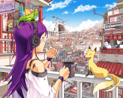Rule 34 | 1girl, animal, animal ears, animal on head, architecture, balcony, bare shoulders, blonde hair, blurry, brushing teeth, cat, circle a, cityscape, clothesline, cloud, crane (machine), cup, day, depth of field, east asian architecture, fox, fox ears, from behind, headphones, intricate background, lantern, lizard, long hair, mug, newspaper, object on head, on head, original, panda, paper lantern, profile, purple hair, railing, reading, robot, scenery, solo, tattoo, toothbrush, wristband