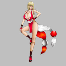 Rule 34 | 1girl, bare shoulders, blonde hair, blue eyes, breasts, cleavage, cosplay, emilie de rochefort, fatal fury, hand on own hip, highres, large breasts, long hair, shiranui mai, shiranui mai (cosplay), sleeveless, tekken, the king of fighters, whalehee, wide hips