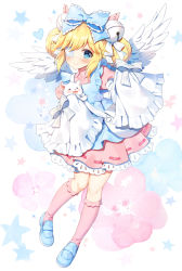 Rule 34 | 1girl, animal, apron, armor, bell, blonde hair, blue apron, blue bow, blue eyes, blue footwear, blush, bow, cat, closed mouth, commentary request, commission, cutesu (cutesuu), double bun, dress, eyepatch, feathered wings, frilled sleeves, frills, full body, hair bell, hair bow, hair bun, hair ornament, heart, highres, jingle bell, kneehighs, layered sleeves, loafers, long sleeves, looking at viewer, mauve, medical eyepatch, original, pink dress, pink lips, pixiv commission, pleated dress, puffy short sleeves, puffy sleeves, ribbon-trimmed dress, shoes, short over long sleeves, short sleeves, shoulder armor, sleeves past fingers, sleeves past wrists, smile, socks, solo, star (symbol), striped, striped bow, white bow, white cat, white wings, wide sleeves, wings