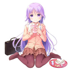 Rule 34 | 1boy, bag, black pantyhose, briefcase, brown skirt, cake, candy, commentary request, cup, food, happiness!, highres, knees together feet apart, long hair, male focus, milk, mug, no shoes, pantyhose, pink shirt, purple eyes, purple hair, school briefcase, see-through, shirt, simple background, sitting, skirt, smile, solo, tamakake, toes, trap, tray, watarase jun, white background