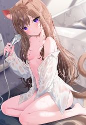 Rule 34 | 1girl, animal ear fluff, animal ears, areola slip, bad id, bad pixiv id, barefoot, bath, bathroom, bathtub, blush, breasts, brown hair, cat ears, cat girl, cat tail, closed mouth, collarbone, collared shirt, commentary, dress shirt, hair censor, hand up, highres, holding, indoors, leo (mafuyu), long hair, long sleeves, looking at viewer, mafuyu (chibi21), multicolored hair, naked shirt, off shoulder, on floor, open clothes, open shirt, original, purple eyes, purple hair, see-through, shirt, shower head, signature, sitting, sleeves past wrists, small breasts, solo, streaked hair, tail, very long hair, wet, wet clothes, wet shirt, white shirt, yokozuwari