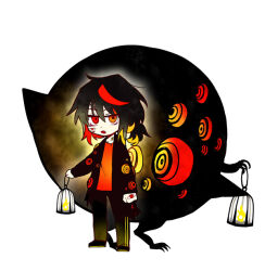 Rule 34 | 1boy, big bird (project moon), black hair, black jacket, black pants, blonde hair, chinese commentary, commentary request, creature and personification, extra eyes, fang, hand eye, heterochromia, holding, holding lantern, jacket, lantern, lobotomy corporation, low ponytail, multicolored hair, open clothes, open jacket, open mouth, orange shirt, pants, personification, project moon, red eyes, red hair, shirt, short ponytail, simple background, white background, yellow eyes, zhi (chengdizhe)
