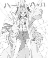 Rule 34 | 1girl, ahoge, amaton707, blue archive, blush, collarbone, collared shirt, demon horns, feet out of frame, grey hair, hair intakes, halo, highres, horns, kasumi (blue archive), lab coat, long hair, open mouth, oversized clothes, shirt, shirt tucked in, shorts, sleeves past fingers, sleeves past wrists, smile, solo, tail