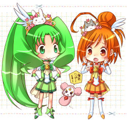 Rule 34 | 10s, 2girls, :&gt;, ahoge, bad id, bad pixiv id, bike shorts, blush, boots, bow, candy (smile precure!), cure march, cure sunny, dress, full body, green dress, green eyes, green hair, green shorts, green skirt, hair bun, hands on own cheeks, hands on own face, hino akane (smile precure!), hiyopuko, long hair, magical girl, midorikawa nao, multiple girls, no nose, orange dress, orange eyes, orange hair, orange skirt, pink bow, ponytail, precure, red shorts, shoes, short hair, shorts, shorts under skirt, single hair bun, skirt, smile precure!, thigh boots, thighhighs, tri tails, very long hair, white background, white legwear