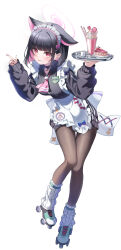 Rule 34 | 1girl, alternate costume, animal ears, apron, arms up, black hair, black jacket, blue archive, blunt bangs, brown pantyhose, cake, cat ears, cat girl, closed mouth, cross-laced footwear, food, full body, hairband, halo, highres, holding, holding plate, ice cream, jacket, kazusa (blue archive), kinyouny, long sleeves, loose socks, maid, maid apron, maid headdress, multicolored hair, name tag, necktie, pantyhose, pink hair, pink hairband, pink necktie, plate, red eyes, short hair, sidelocks, simple background, smile, socks, solo, striped clothes, striped socks, tongue, tongue out, two-tone hair, white apron, white background, white hairband, white socks