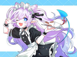 Rule 34 | 1girl, apron, blue background, blush, coffee mug, cookie, cup, demon girl, demon tail, elsword, fang, food, half updo, highres, long hair, looking at viewer, luciela r. sourcream, maid, maid apron, maid headdress, mug, open mouth, pointy ears, purple hair, sasa (sa1008va), short sleeves, smile, solo, star (symbol), star in eye, symbol in eye, tail, tray, twintails