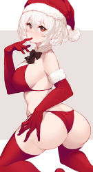 Rule 34 | 1girl, absurdres, ass, azur lane, bikini, blush, bow, bowtie, breasts, christmas, elbow gloves, from behind, gloves, hand on own ass, hat, highres, kimi tsuru, kneeling, large breasts, looking at viewer, red bikini, red eyes, red gloves, red hat, red thighhighs, santa hat, sideboob, sirius (azur lane), solo, swimsuit, thighhighs, thighs, white hair