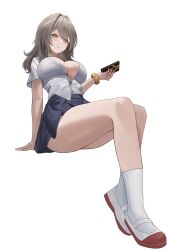 Rule 34 | 1girl, alternate costume, arm support, blue skirt, breasts, cleavage, commentary, grey hair, gyaru, highres, holding, holding phone, honkai: star rail, honkai (series), invisible chair, kekko 044, medium hair, partially unbuttoned, phone, scrunchie, shirt, shoes, simple background, sitting, skirt, socks, solo, stelle (honkai: star rail), thighs, trailblazer (honkai: star rail), uwabaki, white background, white shirt, white socks, wrist scrunchie, yellow eyes, yellow scrunchie