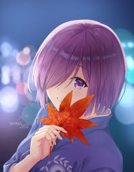 Rule 34 | 1girl, artist name, autumn leaves, blurry, blurry background, blush, breasts, commentary, fate/grand order, fate (series), hair over one eye, highres, holding, japanese clothes, kimono, looking at viewer, mash kyrielight, mash kyrielight (anniversary heroines), medium breasts, official alternate costume, purple eyes, purple kimono, short hair, skyrail, smile, solo, yukata