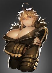 Rule 34 | 1girl, ahoge, arm grab, artoria pendragon (fate), artoria pendragon (lancer) (fate), black gloves, blonde hair, braid, breasts, buttons, cleavage, cosplay, eyewear on head, fate/grand order, fate (series), fingerless gloves, french braid, gloves, gradient background, huge breasts, jacket, leather, leather jacket, sakata kintoki (fate), sakata kintoki (rider) (fate), sakata kintoki (rider) (fate) (cosplay), short hair with long locks, simple background, solo, sunglasses, swept bangs, tef