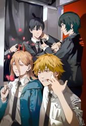 Rule 34 | 2boys, 2girls, absurdres, black hair, black jacket, black necktie, blonde hair, blue eyes, blue hoodie, chainsaw man, collared shirt, cross-shaped pupils, denji (chainsaw man), disembodied hand, earrings, falling petals, finger in own mouth, flower, formal, hair between eyes, hayakawa aki, highres, himeno (chainsaw man), holding, holding flower, hood, hoodie, horns, jacket, jacket partially removed, jewelry, kyuuba melo, long hair, looking at another, looking to the side, multiple boys, multiple girls, necktie, petals, photo booth, pointing, pointing at another, power (chainsaw man), red eyes, red flower, red horns, red rose, rose, sharp teeth, shirt, short hair, smile, spiked hair, standing, stud earrings, suit, symbol-shaped pupils, teeth, topknot, white shirt, yellow eyes