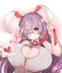 Rule 34 | 1girl, ;), absurdres, animal ears, bare arms, bespectacled, breasts, bursting breasts, buttons, cleavage, cleavage cutout, closed mouth, clothing cutout, collared shirt, commentary request, flying button, glasses, hands up, head tilt, heart, heart-shaped pupils, heart cutout, highres, huge breasts, long hair, looking at viewer, necktie, necktie grab, neckwear grab, one eye closed, pink eyes, popped button, purple hair, rabbit ears, red-framed eyewear, red necktie, reisen udongein inaba, round eyewear, shirt, sleeping ear, sleeveless, sleeveless shirt, smile, solo, spoken heart, symbol-shaped pupils, touhou, upper body, w, white background, wing collar