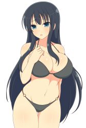 Rule 34 | 1girl, :o, arm at side, bare arms, bikini, black bikini, black hair, blue eyes, blush, breasts, cleavage, collarbone, commentary request, cowboy shot, gluteal fold, hand on own chest, highres, ichiryuu tsumiki, ikaruga (senran kagura), large breasts, long hair, looking at viewer, navel, o-ring, o-ring bottom, open mouth, senran kagura, sidelocks, simple background, solo, stomach, swimsuit, very long hair, white background
