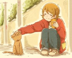 Rule 34 | 10s, 1girl, ^ ^, brown hair, cat, cellphone, closed eyes, commentary request, denim, headpat, jacket, jeans, koizumi hanayo, long sleeves, love live!, love live! school idol project, pants, pants rolled up, phone, red jacket, sakutarou (saku suguitar), shirt, shoes, short hair, smartphone, smile, sneakers, solo, squatting, striped clothes, striped shirt, wall, white footwear