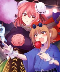 Rule 34 | 2girls, :t, absurdres, ahoge, alternate costume, blue kimono, blush, breasts, brown eyes, brown hair, bun cover, candy apple, cardigan, commentary request, cotton candy, double bun, eating, elaphe guttata6, eyewear on head, fang, food, hair bun, highres, ibaraki kasen, ibuki suika, japanese clothes, kimono, large breasts, looking at another, multiple girls, open mouth, pink eyes, pink hair, short hair, sunglasses, tabard, touhou, upper body, wrist cuffs