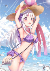 Rule 34 | 1girl, animal, armpits, arms up, azur lane, ball, bare shoulders, beachball, between breasts, bikini, bird, blue sky, blunt bangs, blush, bow, breasts, cloud, cloudy sky, commentary request, cowboy shot, cygnet (azur lane), cygnet (sea star on shore) (azur lane), day, flower, hair bow, hair ornament, hairclip, hat, hat bow, highres, horizon, houraku, long hair, medium breasts, navel, ocean, open mouth, outdoors, pink bow, pink flower, pink rose, plaid, plaid bikini, purple bikini, purple bow, purple eyes, rose, silver hair, sky, solo, strap between breasts, straw hat, swan, swimsuit, teeth, upper teeth only, very long hair, water, water drop, yellow flower
