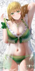 Rule 34 | 1girl, absurdres, arm up, armpits, bikini, bikini pull, blonde hair, blush, breasts, cleavage, closed mouth, clothes pull, gluteal fold, green bikini, green eyes, hairband, head tilt, heanna sumire, highres, jewelry, large breasts, long hair, looking at viewer, love live!, love live! superstar!!, navel, necklace, shadow, shirosaki (nanokait), smile, solo, standing, swimsuit, water, water drop