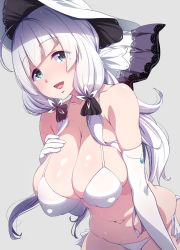 Rule 34 | 1girl, ahoge, azur lane, bikini, blue eyes, blunt bangs, breasts, cleavage, commentary request, covered erect nipples, elbow gloves, eyes visible through hair, gloves, grey background, hat, illustrious (azur lane), large breasts, long hair, mole, mole under eye, natsumi akira, navel, open mouth, simple background, smile, solo, swimsuit, white bikini, white gloves, white hair, white hat, white theme
