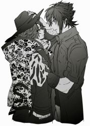 Rule 34 | 2boys, aged down, ardyn izunia, blue eyes, child, final fantasy, final fantasy xv, floral print, gloves, greyscale, hair between eyes, hat, highres, holding, holding clothes, holding hat, inuue15, jacket, monochrome, multiple boys, noctis lucis caelum, parted bangs, parted lips, short sleeves, spiked hair, upper body, white background, yellow eyes