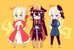 Rule 34 | 3girls, ahoge, aqua eyes, armored boots, bad id, bad pixiv id, beret, black hair, black headwear, black jacket, black legwear, black pants, blonde hair, blue jacket, blush, boots, braid, breasts, buttons, cape, chibi, closed eyes, crossed arms, dress, family crest, fang, fate/extra, fate/grand order, fate (series), flower, french braid, gloves, green eyes, hair bun, hair intakes, hair ribbon, hands on own hips, hat, height chart, jacket, juliet sleeves, katana, kodamari, koha-ace, long hair, long sleeves, lord el-melloi ii case files, multiple girls, nero claudius (fate), nero claudius (fate) (all), nero claudius (fate/extra), oda nobunaga (fate), oda nobunaga (koha-ace), oda uri, open mouth, pants, peaked cap, puffy sleeves, red cape, red dress, reines el-melloi archisorte, ribbon, rose, simple background, single hair bun, smile, sword, tilted headwear, weapon, white flower, white rose, yellow background