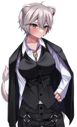 Rule 34 | 1girl, ahoge, animal ears, black jacket, black nails, black vest, blush, breasts, collared shirt, ear piercing, frown, grey eyes, grey hair, hair between eyes, hand on own hip, highres, hololive, jacket, jacket on shoulders, jewelry, large breasts, lion ears, lion girl, long hair, looking to the side, medium breasts, moonbell, nail polish, necklace, piercing, shirt, shishiro botan, shishiro botan (button-down), solo, vest, virtual youtuber, white background, white shirt