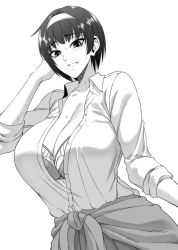 Rule 34 | 1girl, arm up, bra, breasts, cleavage, collared shirt, dress shirt, greyscale, grin, gyaru, hairband, highres, huge breasts, kogal, looking at viewer, monochrome, open clothes, open shirt, original, parted lips, pleated skirt, school uniform, shirt, short hair, skirt, sleeves rolled up, smile, solo, sweat, tied sweater, underwear, white shirt, yugo (yugotme97)
