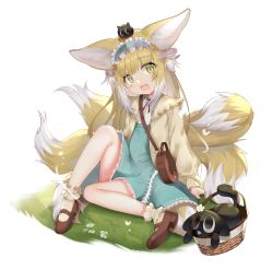Rule 34 | absurdres, animal, animal ears, animal on head, ankle cuffs, arknights, bag, basket, black cat, blonde hair, blush, brown bag, brown footwear, cardigan, cat, cat on head, dress, fang, flower, fox ears, fox girl, fox tail, frilled hairband, frills, grass, green dress, green eyes, hair down, hairband, highres, kitsune, knee up, long hair, looking at viewer, luo xiaohei zhanji, multicolored hair, multiple tails, n3moni, on head, open cardigan, open clothes, open mouth, paid reward available, satchel, shoulder bag, simple background, sitting, socks, streaked hair, suzuran (arknights), suzuran (spring praise) (arknights), tail, thighs, white background, white flower, white hair, yellow cardigan, yellow socks