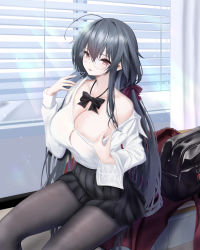 Rule 34 | 1girl, absurdres, ahoge, azur lane, bag, black bag, black bow, black bowtie, black hair, black skirt, window blinds, bow, bowtie, breasts, brown pantyhose, button gap, cellphone, classroom, cleavage, clothes pull, collarbone, crossed bangs, day, glasses, hair between eyes, hair bow, hands up, highres, holding, holding phone, huge ahoge, indoors, jacket, unworn jacket, large breasts, long hair, long sleeves, miniskirt, noa (skae3323), off shoulder, official alternate costume, pantyhose, partially unbuttoned, phone, pleated skirt, pulled by self, red eyes, red ribbon, ribbon, round eyewear, school bag, school uniform, shirt, shirt pull, shirt tucked in, sidelocks, single bare shoulder, sitting, sitting on table, skirt, smartphone, solo, sunlight, taihou (azur lane), taihou (sweet time after school) (azur lane), thighs, undressing, white shirt