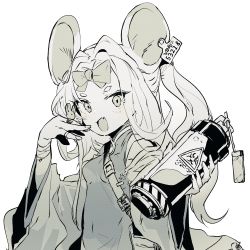 Rule 34 | 1girl, :d, animal ears, bag, bandaged arm, bandages, biohazard symbol, blue archive, bow, breasts, china dress, chinese clothes, ddari, dress, ear tag, fang, fingernails, greyscale, hand up, highres, holding, jewelry, long hair, looking at viewer, monochrome, mouse ears, ojou-sama pose, open mouth, radiation symbol, ring, saya (blue archive), shoulder bag, simple background, skin fang, small breasts, smile, solo, white background