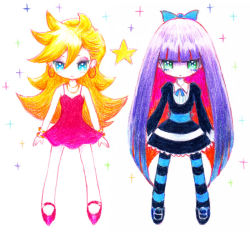 Rule 34 | 10s, 2girls, blonde hair, bow, chibi, colored pencil (medium), dress, earrings, hair bow, jewelry, leica, long hair, multicolored hair, multiple girls, panty &amp; stocking with garterbelt, panty (psg), red dress, short dress, siblings, sisters, socks, star (symbol), stocking (psg), striped clothes, striped legwear, striped thighhighs, thighhighs, traditional media, two-tone hair