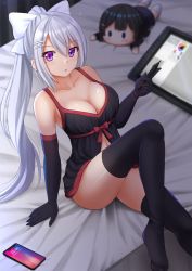 Rule 34 | 1girl, :o, arm support, babydoll, bare shoulders, black gloves, black hair, black thighhighs, blurry, blurry background, blush, bow, breasts, cellphone, character doll, cleavage, collarbone, commentary, depth of field, drawing tablet, elbow gloves, gloves, hair between eyes, hair bow, hair ornament, hairclip, hand up, high ponytail, highres, higuchi kaede, holding, holding stylus, indoors, kazenokaze, large breasts, long hair, looking at viewer, lying, mole, mole under eye, navel, nijisanji, no shoes, on bed, on stomach, parted lips, phone, ponytail, purple eyes, sidelocks, silver hair, sitting, smartphone, solo, stylus, thighhighs, tsukino mito, very long hair, virtual youtuber, white bow, white thighhighs