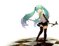 Rule 34 | 1girl, aqua eyes, aqua hair, checkered floor, detached sleeves, female focus, floor, hatsune miku, long hair, maitake (loose), microphone, microphone stand, necktie, simple background, skirt, solo, spring onion, thighhighs, twintails, very long hair, vocaloid, white background