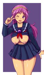 Rule 34 | 1girl, asamiya athena, bike shorts, blush, breasts, fingerless gloves, gloves, highres, large breasts, leaning forward, legs, long hair, nipples, one eye closed, open mouth, pink hair, school uniform, skirt, smile, snk, solo, sweat, the king of fighters, thighs, tsumitani daisuke, v