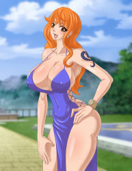 Rule 34 | 1girl, absurdres, bare arms, bare shoulders, blush, breasts, cleavage, curvy, dress, highres, huge breasts, karuro-kun, large breasts, long hair, looking at viewer, nami (one piece), nami (one piece) (zou), nude, one piece, orange eyes, orange hair, revealing clothes, short dress, shoulder tattoo, smile, solo, tattoo, thick thighs, thighs, very long hair, wide hips