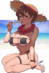 Rule 34 | 1girl, absurdres, akaboshi koume, beach, bikini, black bikini, black ribbon, blue eyes, blue sky, breasts, brown hair, brown hat, commentary, day, dripping, eating, eyepatch bikini, flower, flower necklace, food, food in mouth, full body, girls und panzer, hat, high heels, highres, holding, holding food, horizon, jewelry, large breasts, looking at viewer, navel, necklace, ocean, outdoors, popsicle, popsicle in mouth, ribbon, sandals, short hair, side-tie bikini bottom, sitting, sky, solo, straw hat, sun hat, sweat, swimsuit, takefu jiin, thigh strap, twitter username, wariza, wavy hair, white footwear, wrist ribbon