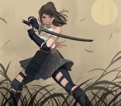 Rule 34 | 1girl, bare shoulders, black gloves, breasts, brown background, brown hair, cleavage, closed mouth, commentary, fighting stance, fingerless gloves, full moon, gloves, grass, green eyes, grey skirt, highres, holding, holding sword, holding weapon, jourd4n, long hair, mole, mole under eye, moon, original, pleated skirt, ponytail, simple background, skirt, standing, sword, v-shaped eyebrows, vivian (jourd4n), weapon