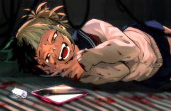 Rule 34 | 10s, 1boy, 1girl, blonde hair, blood, blood on clothes, blood on face, blunt bangs, boku no hero academia, cardigan, crazy smile, double bun, fangs, freckles, green eyes, green hair, hair bun, half-closed eyes, hand on own face, long sleeves, looking at viewer, lying, matsuya (pile), midoriya izuku, on side, open mouth, pleated skirt, school uniform, skirt, smile, spoilers, teeth, toga himiko, transformation, yandere trance, yellow eyes