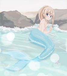 Rule 34 | 1girl, absurdres, beach, blue eyes, blush, breasts, closed mouth, commentary request, completely nude, highres, long hair, looking at viewer, mermaid, monster girl, nipples, nude, original, outdoors, partially submerged, ponytail, rinshi (artist), rock, small breasts, smile, solo, starfish, water