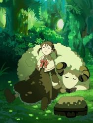 Rule 34 | 1girl, briefcase, brown dress, brown footwear, brown hair, dappled sunlight, dress, closed eyes, forest, grass, nature, original, outdoors, plant, shadow, sheep, shoes, short twintails, sleeping, solo, sunlight, twintails