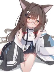 Rule 34 | 1girl, animal ears, black skirt, blush, bow, braid, brown hair, cat ears, cat tail, eip (pepai), fish hair ornament, glasses, hair bow, hair ornament, highres, jacket, long hair, long sleeves, looking at viewer, off shoulder, open clothes, open jacket, orange eyes, original, pleated skirt, red-framed eyewear, red bow, shirt, simple background, sitting, skirt, sleeveless, sleeveless shirt, sleeves past fingers, sleeves past wrists, solo, tail, twin braids, white background, white shirt