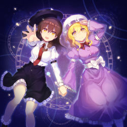 Rule 34 | 2girls, absurdres, arm up, black footwear, black hat, black skirt, blonde hair, blue background, bobby socks, bow, bowtie, breasts, brown hair, commentary request, dress, falken (yutozin), fedora, feet out of frame, hair between eyes, hair ribbon, hat, hat bow, highres, holding hands, juliet sleeves, large breasts, long hair, long sleeves, maribel hearn, mob cap, multiple girls, necktie, outstretched arm, petticoat, puffy sleeves, purple dress, reaching, reaching towards viewer, red bow, red neckwear, ribbon, sash, shirt, shoes, skirt, socks, thighs, touhou, usami renko, white bow, white hat, white legwear, white ribbon, white sash, white shirt, wide sleeves, wing collar, yellow eyes