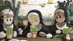 Rule 34 | 3girls, :&lt;, bandaid, bird, blonde hair, book, brick wall, brown hair, cactus, cat, chicken, closed eyes, clumsy nun (diva), commentary, corn, crying, diva (hyxpk), diving mask, drooling, duck, duckling, elbowing, english commentary, falling, froggy nun (diva), glasses, glasses nun (diva), goggles, hanging on, hard hat, hedgehog, helmet, highres, kitten, little nuns (diva), magnifying glass, mask, motion blur, mouth mask, multiple girls, nose bubble, nun, oven mitts, plant, potted plant, rope, rubber duck, sleeping, sweatdrop, tightrope, traditional nun, waking up, walking