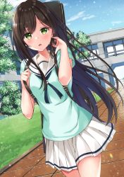 Rule 34 | 1girl, :o, arms up, bang dream!, blush, brown hair, building, bush, carrying, cloud, commentary, day, grass, green eyes, green shirt, guitar case, hair between eyes, hanasakigawa school uniform, hanazono tae, hand in own hair, highres, instrument case, light particles, long hair, looking at viewer, miniskirt, open mouth, parted lips, path, pleated skirt, road, school, school uniform, serafuku, shirt, short sleeves, sidelocks, skirt, sky, solo, sweetcheese, thighs, tree, very long hair, walking, white skirt, window