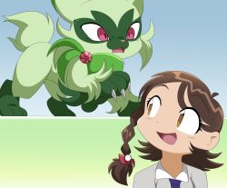 Rule 34 | absurdres, braid, braided ponytail, brown eyes, brown hair, cat, creatures (company), floragato, game freak, highres, juliana (pokemon), looking at another, nintendo, pokemon, pokemon sv, smile