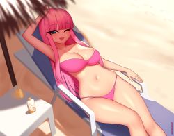 Rule 34 | 1girl, :d, arm at side, arm up, bare arms, bare legs, bare shoulders, beach, beach chair, belly, bikini, blue eyes, blunt bangs, blunt ends, breasts, cleavage, commission, day, drink, feet out of frame, from above, half-closed eye, kuroonehalf, large breasts, legs, legs together, long hair, looking at viewer, lying, midriff, navel, on back, one eye closed, open mouth, outdoors, parasol, pink bikini, pink hair, sand, shade, sidelocks, skindentation, smile, straight hair, string bikini, swimsuit, thighs, umbrella, wide hips, wink